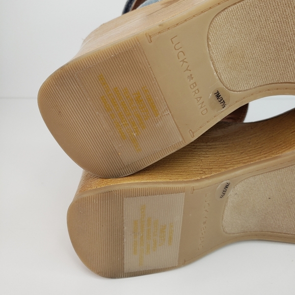 Lucky Brand Demmia Blue Denim Paisley Adj. Back Strap Platform Wedge Sz 7 Boho - Picture 9 of 10